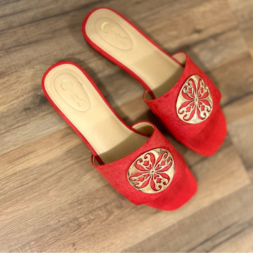 Women’s Tory Burch Inspired Red Slide Sandals Gold Accent Size 10